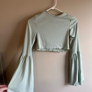 Nasty Gal Light Green Ribbed Bell Sleeve Crop Top